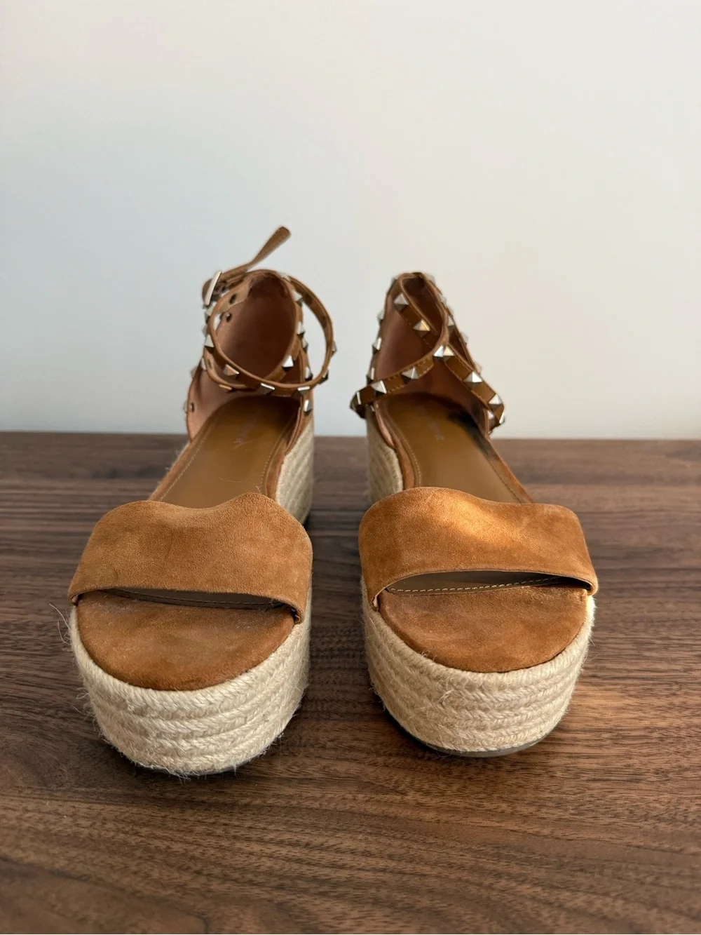 Marc Fisher Tan Suede Studded Ankle-Strap Espadrille Wedges